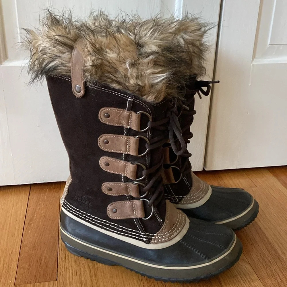 Sorel Joan of Arctic Snow Boots Black Faux Fur Size 8 Brown‎ Fur Cuff